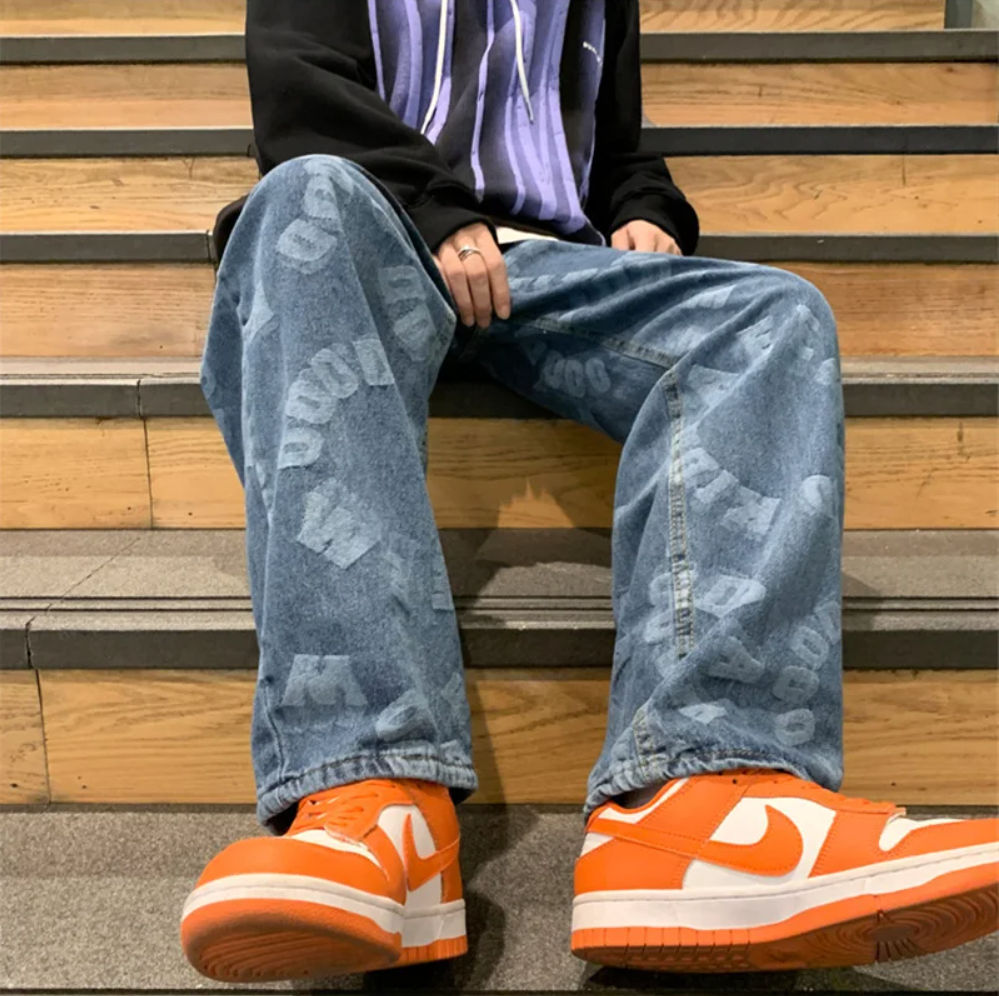 "LETTERS" Pantalon Jean Imprimé Coupe droite Ample Bleu - URB1™