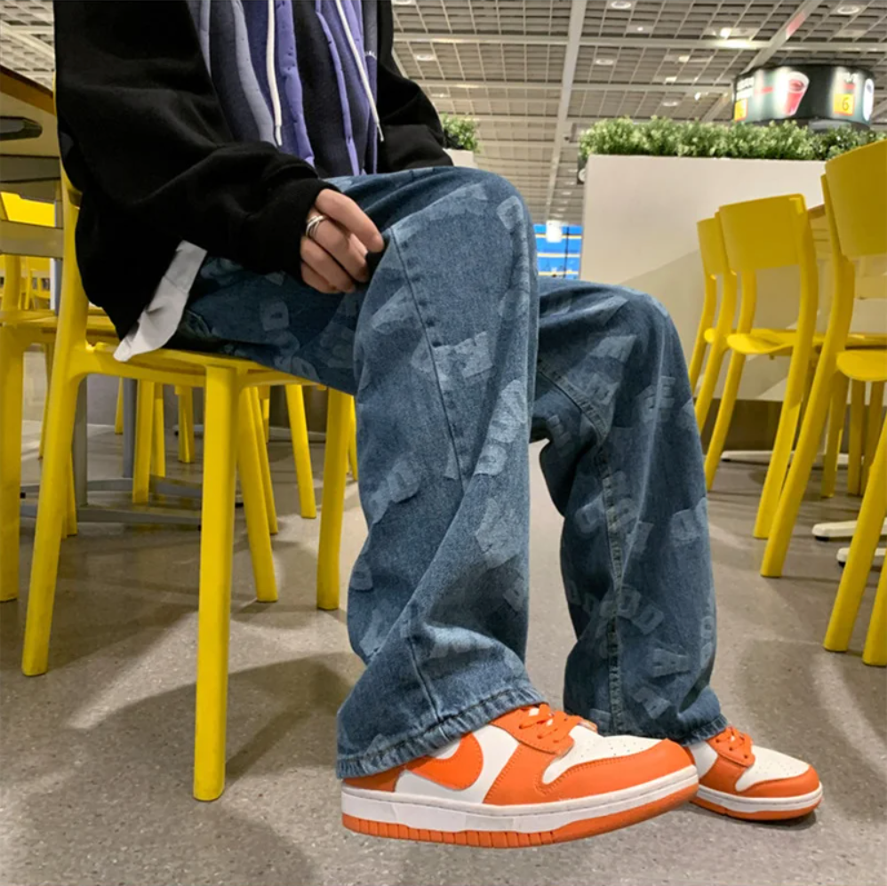 "LETTERS" Pantalon Jean Imprimé Coupe droite Ample Bleu - URB1™