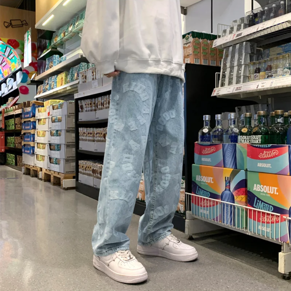 "LETTERS" Pantalon Jean Imprimé Coupe droite Ample Bleu Clair - URB1™