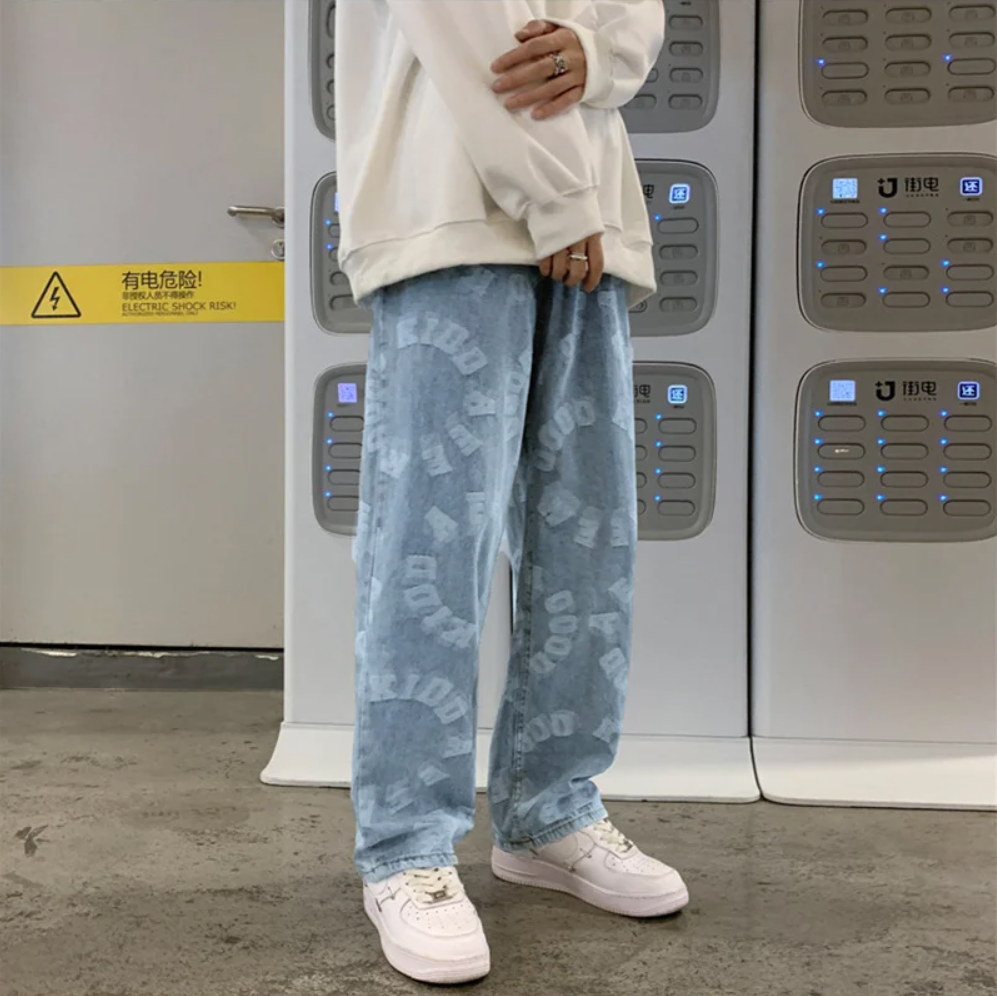 "LETTERS" Pantalon Jean Imprimé Coupe droite Ample Bleu Clair - URB1™