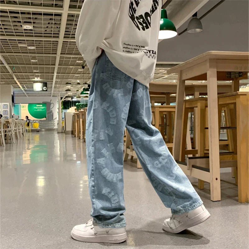 "LETTERS" Pantalon Jean Imprimé Coupe droite Ample Bleu Clair - URB1™