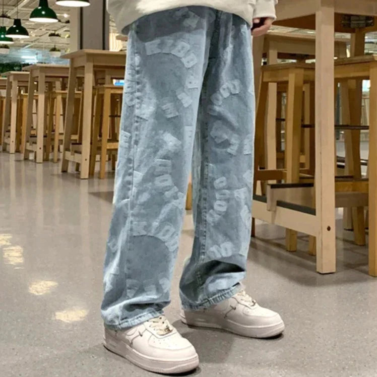 "LETTERS" Pantalon Jean Imprimé Coupe droite Ample Bleu Clair - URB1™