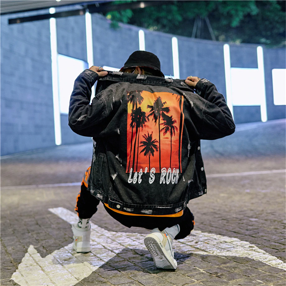 "LET'S ROCK" Veste en Jean Imprimé Streetwear Noir - URB1™ - URB1™ Vêtements Streetwear mode boutique streetwear shop