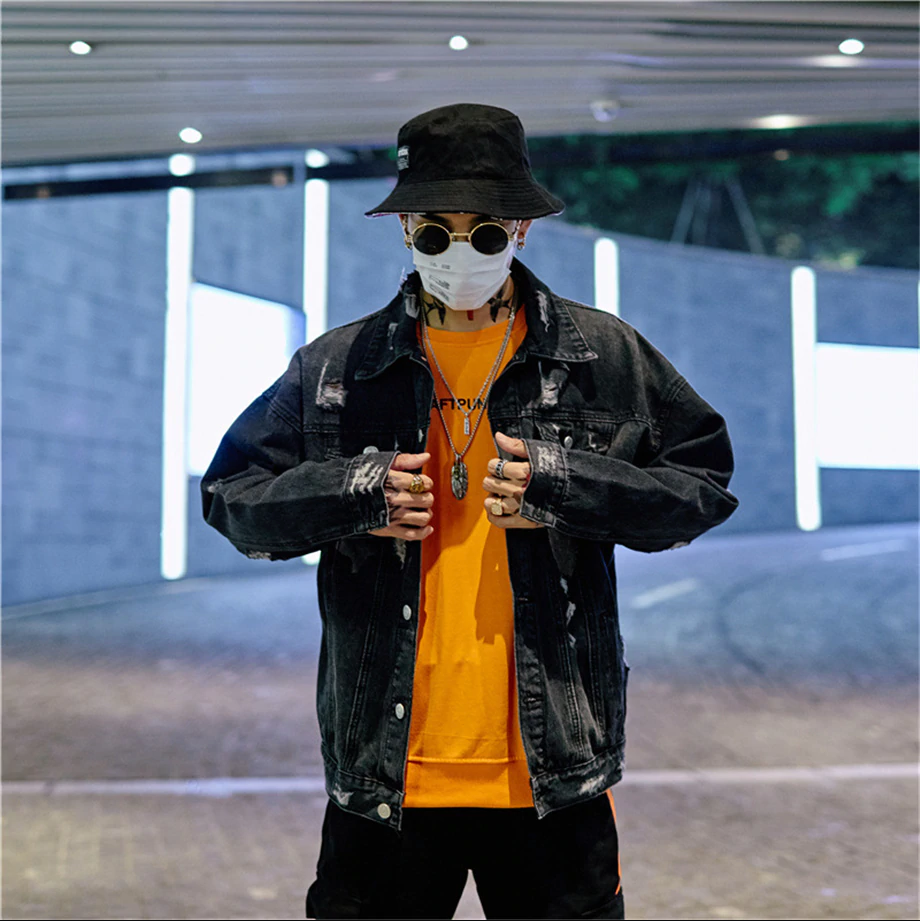 "LET'S ROCK" Veste en Jean Imprimé Streetwear Noir - URB1™ - URB1™ Vêtements Streetwear mode boutique streetwear shop