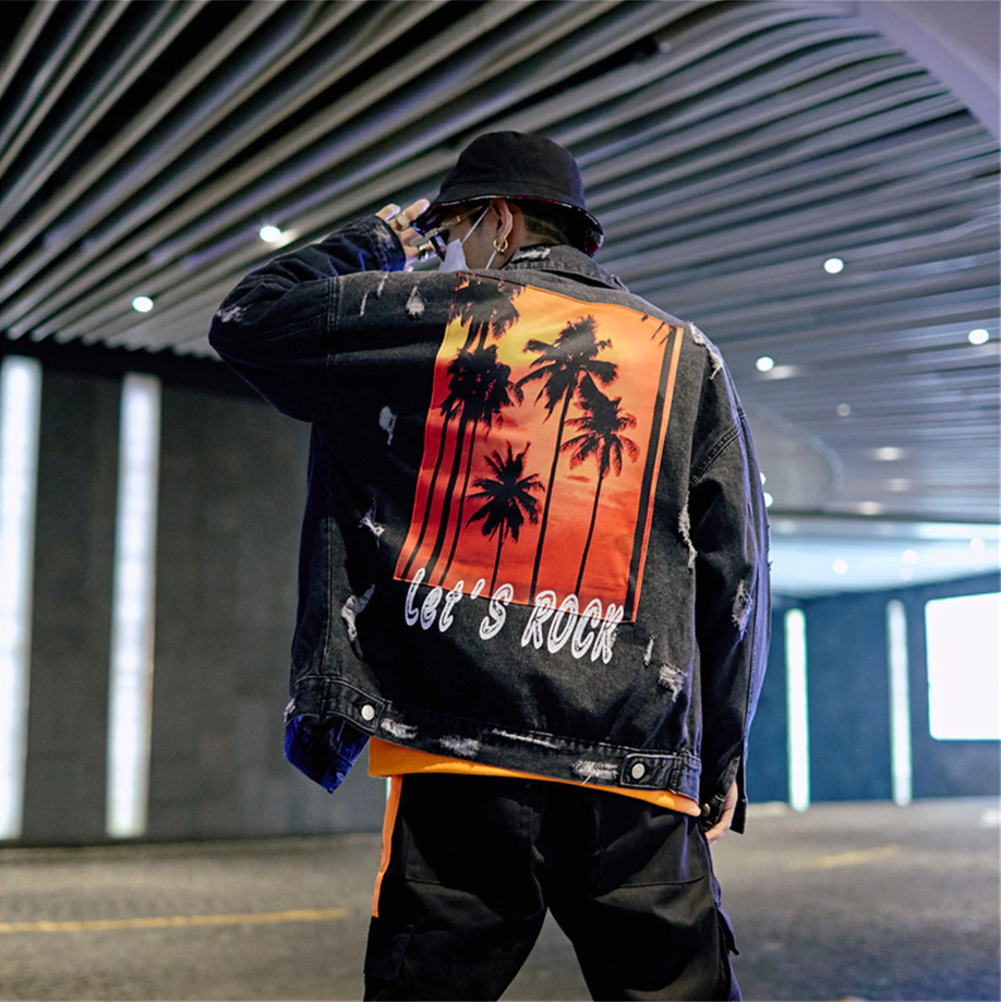 "LET'S ROCK" Veste en Jean Imprimé Streetwear Noir - URB1™ - URB1™ Vêtements Streetwear mode boutique streetwear shop