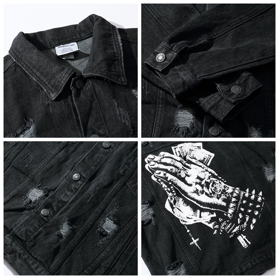 "PRAY" veste en jean denim noir - URB1™ - URB1™ Vêtements Streetwear mode boutique streetwear shop