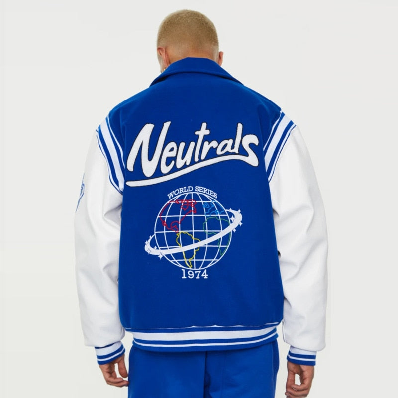Neutrals Blue Varsity Bomber Jacket Man Contrast Sleeve PU Leather Coats Embroidery Jaded Casual London Baseball Jackets Women URB1™ Vêtements Streetwear URB1™ Vêtements Streetwear neut