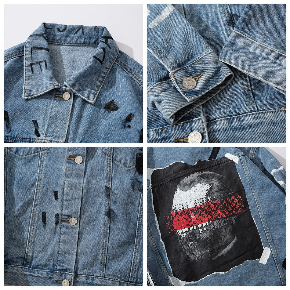Harajuku Letter Character Mens Jeans Jacket Oversize Hip Hop Blue Jaqueta Masculino Denim Jacket Chaqueta Hombre Bomber Jacket URB1™ Vêtements Streetwear URB1™ Vêtements Streetwear hara