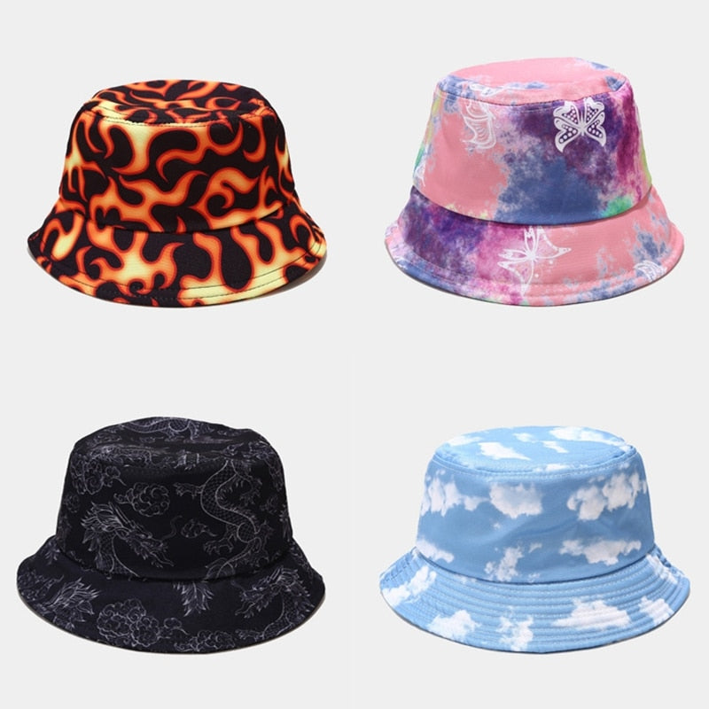 Women Men Fire Butterfly Cloud Dragon Graffiti Print Bucket Hat Harajuku Hip Hop Wide Brim Sunscreen Panama Fisherman Cap URB1™ Vêtements Streetwear URB1™ Vêtements Streetwear women-men
