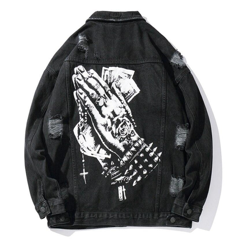 "PRAY" veste en jean denim noir - URB1™ - URB1™ Vêtements Streetwear mode boutique streetwear shop