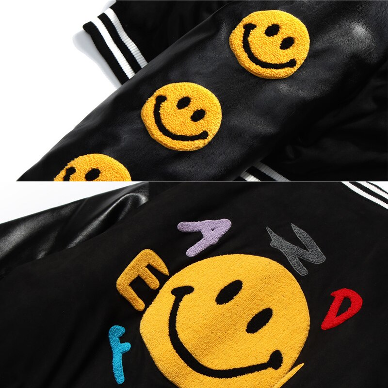 Mens Smiley Baseball Jacket Couple Hip Hop Patchwork PU Leather Coat Fashion Oversized Winter Thicken Coat Male streetwear URB1™ Vêtements Streetwear URB1™ Vêtements Streetwear mens-smi
