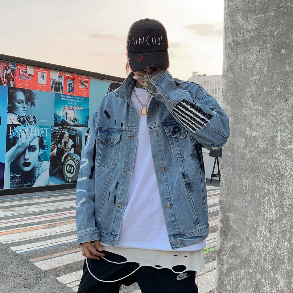 Harajuku Letter Character Mens Jeans Jacket Oversize Hip Hop Blue Jaqueta Masculino Denim Jacket Chaqueta Hombre Bomber Jacket URB1™ Vêtements Streetwear URB1™ Vêtements Streetwear hara