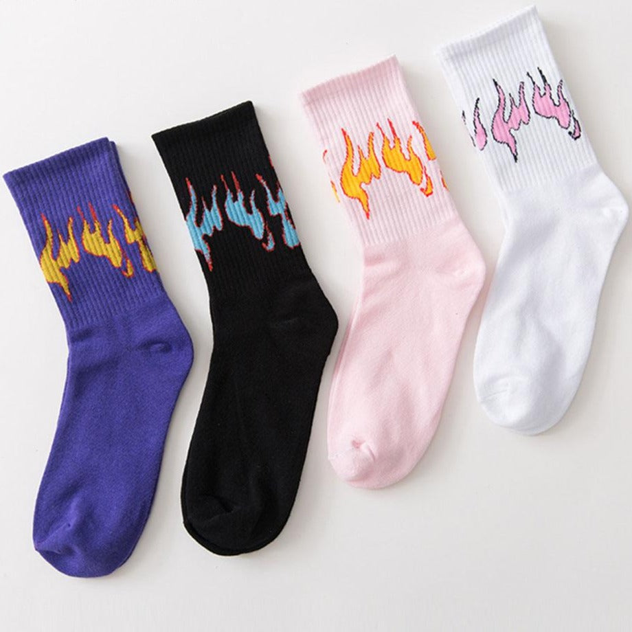 GONTHWID Fire Flame Socks Streetwear Hip Hop Fashion Harajuku Casual Cotton Skateboards Men Women Socks Black Blue White Pink URB1™ Vêtements Streetwear URB1™ Vêtements Streetwear gonth