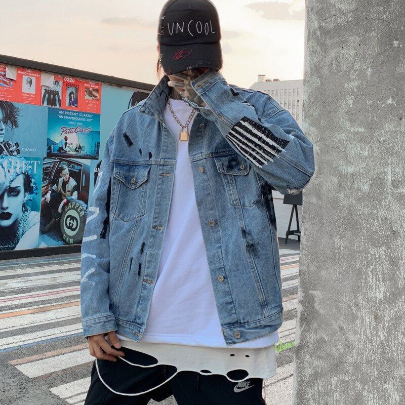 2019 Autumn Denim Jacket Men Hole Character Print Jeans Coat Mens Vintage Jackets Streetwear Fashion Male HZ230 URB1™ Vêtements Streetwear URB1™ Vêtements Streetwear 2019-autumn-denim-j
