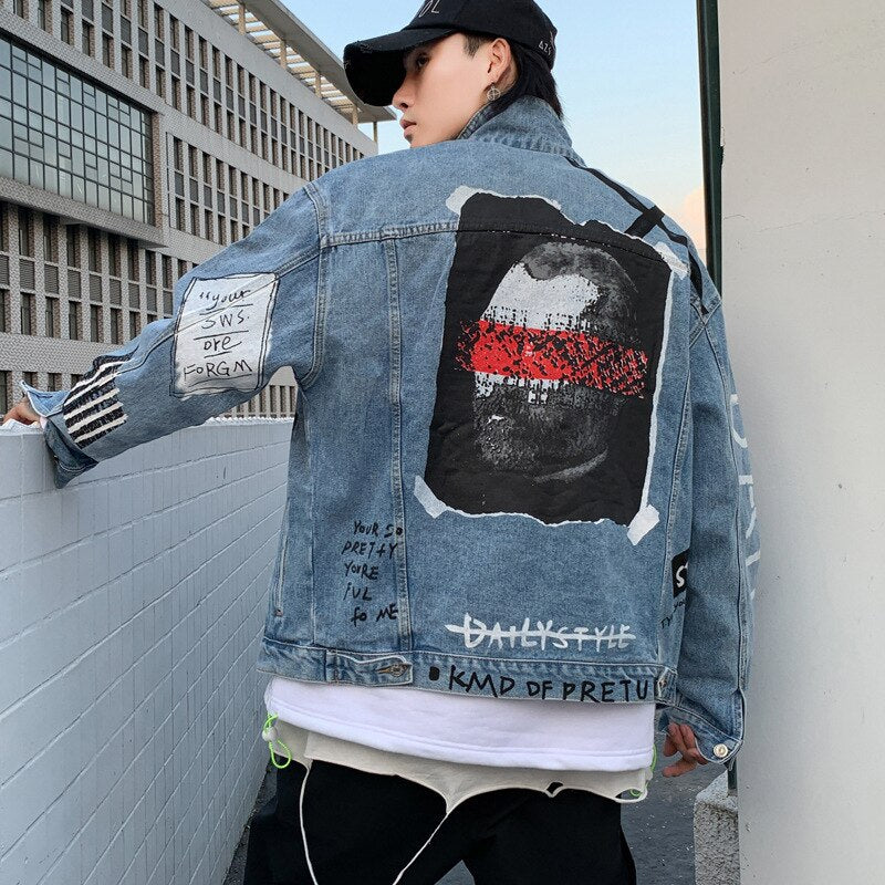 2019 Autumn Denim Jacket Men Hole Character Print Jeans Coat Mens Vintage Jackets Streetwear Fashion Male HZ230 URB1™ Vêtements Streetwear URB1™ Vêtements Streetwear 2019-autumn-denim-j