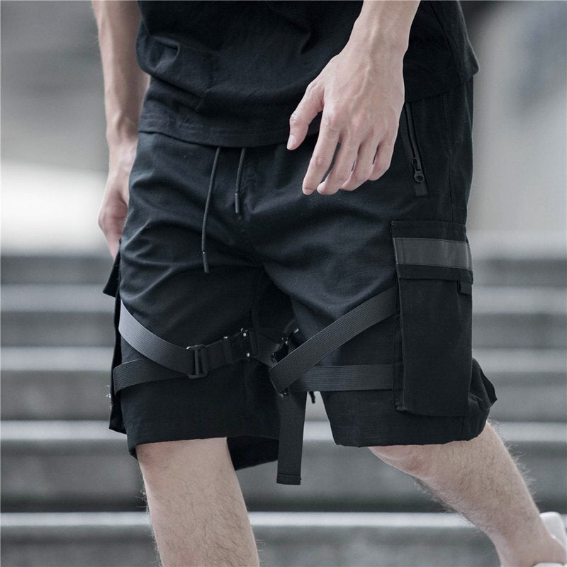 2019 Summer Black Cargo Shorts Men Streetwear Hip Hop Casual Short Trousers Ribbon Design Male Homme Shorts Multi-pocket WG313 URB1™ Vêtements Streetwear URB1™ Vêtements Streetwear 2019