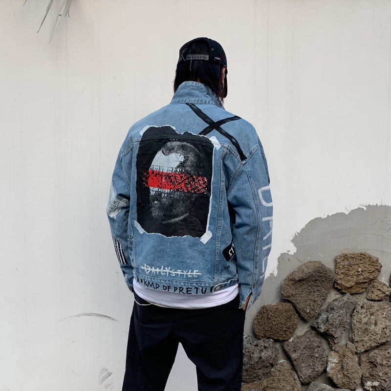 2019 Autumn Denim Jacket Men Hole Character Print Jeans Coat Mens Vintage Jackets Streetwear Fashion Male HZ230 URB1™ Vêtements Streetwear URB1™ Vêtements Streetwear 2019-autumn-denim-j