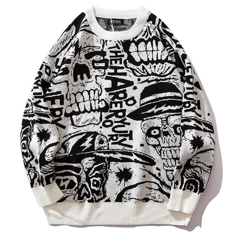 2019 Mens Sweaters Skull Print Streetwear Pullover O-neck Long Sleeve Hip Hop Men Autumn Harajuku Couple Sweaters Loose HZ137 URB1™ Vêtements Streetwear URB1™ Vêtements Streetwear 2019-