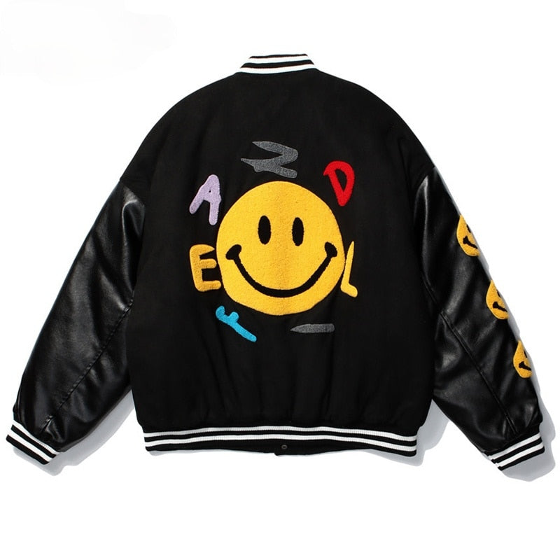 "SMILE" Veste Baseball Bombers Simili-cuir Noir - URB1™