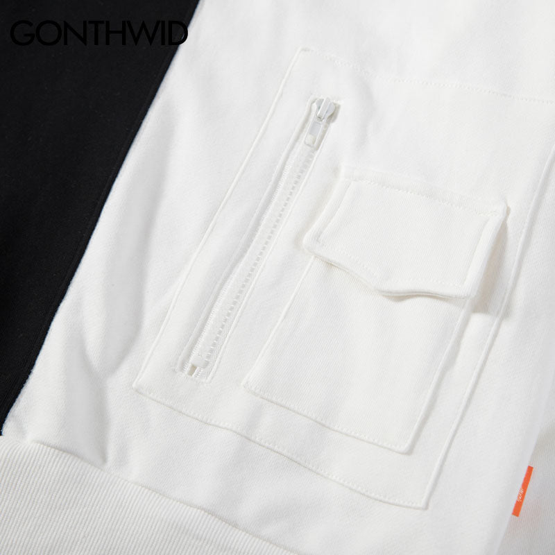 GONTHWID Front Zipper Pocket Two-Tone Color Block Patchwork Pullover Sweatshirts Hoodie Harajuku Hip Hop Casual Streetwear Tops URB1™ Vêtements Streetwear URB1™ Vêtements Streetwear gon