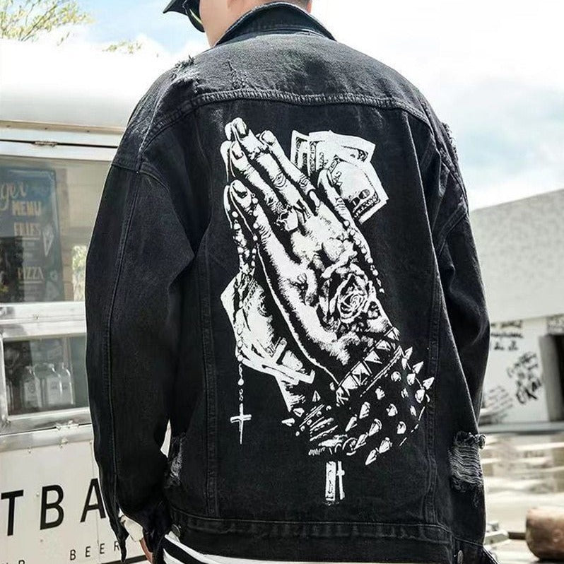 "PRAY" veste en jean denim noir - URB1™ - URB1™ Vêtements Streetwear mode boutique streetwear shop