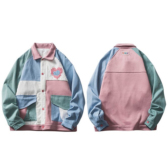 Hip Hop Streetwear Jacket Color Block Patchwork Heart Jacket 2021 Men Autumn Harajuku Cotton Casual Jacket Coat Pockets Outwear URB1™ Vêtements Streetwear URB1™ Vêtements Streetwear hip