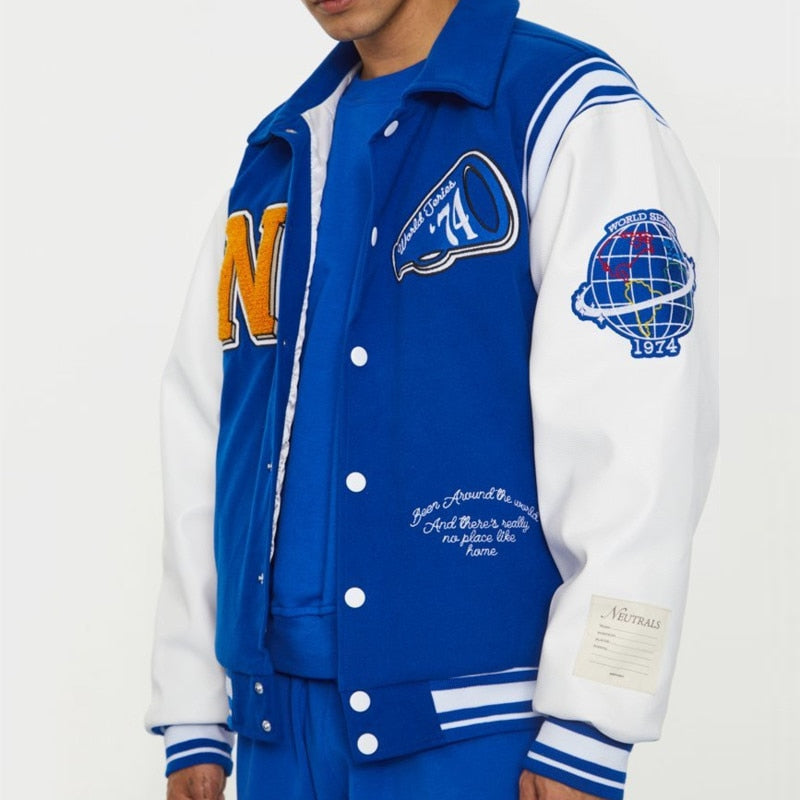 Neutrals Blue Varsity Bomber Jacket Man Contrast Sleeve PU Leather Coats Embroidery Jaded Casual London Baseball Jackets Women URB1™ Vêtements Streetwear URB1™ Vêtements Streetwear neut